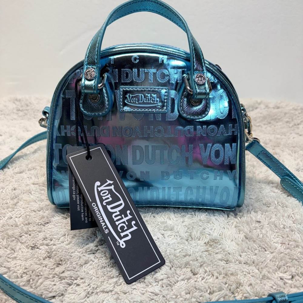 Von Dutch Metallic Blue Logo Embossed Mini Bowling Bag Crossbody Y2K NEW